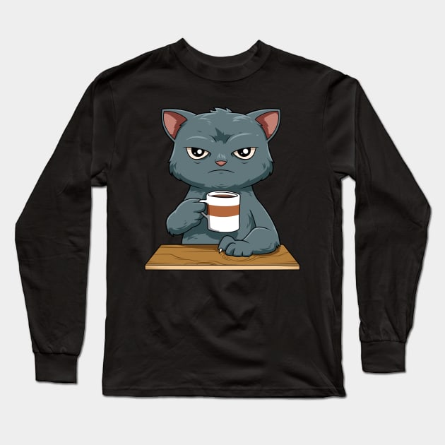 Funny Angry Cat Coffee Lover Feline Morning Animal Long Sleeve T-Shirt by melostore